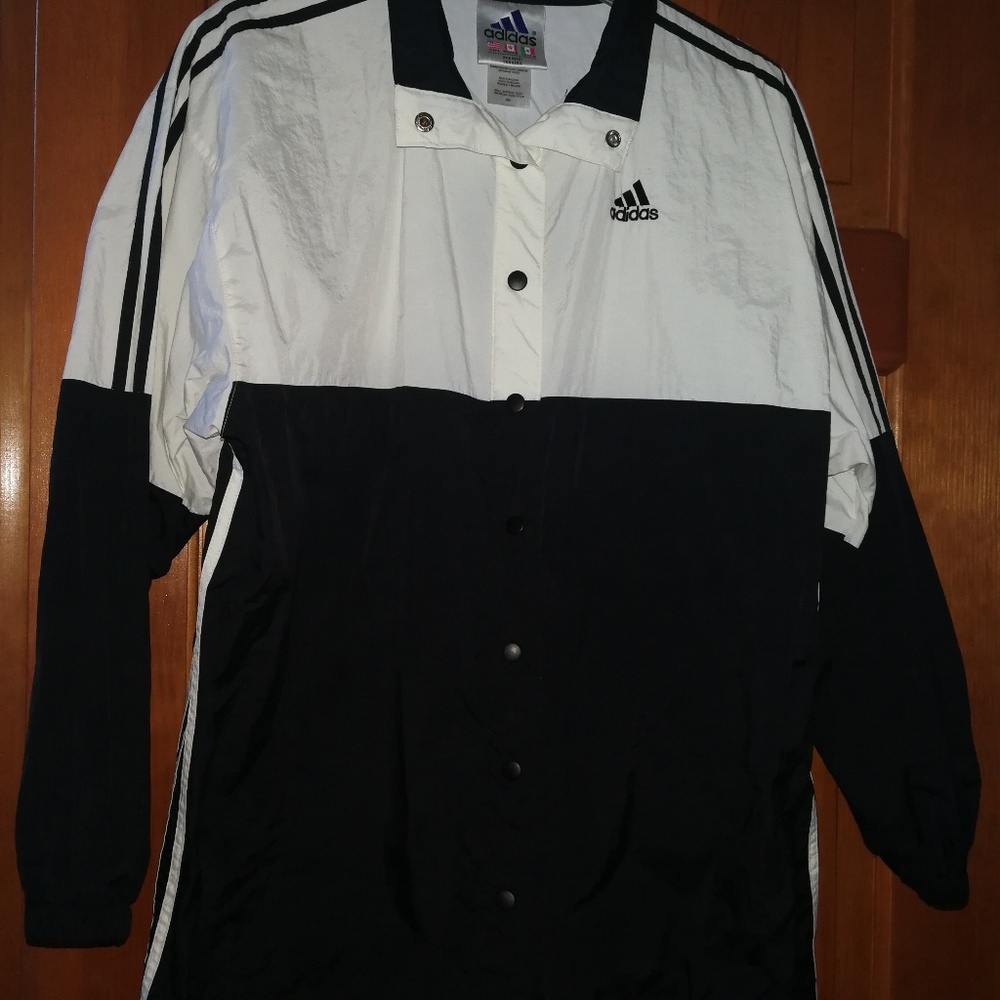 Adidas black and white nylon athletic jacket